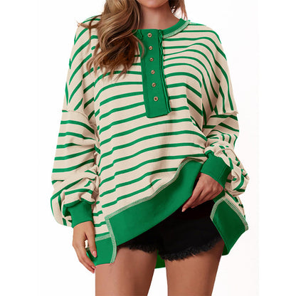 Polana | Women's Striped Oversized Henley Long Sleeve Sweatshirt
