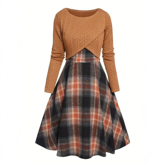 Jory | Women's Plaid A Line Dress with Crop Sweater Set