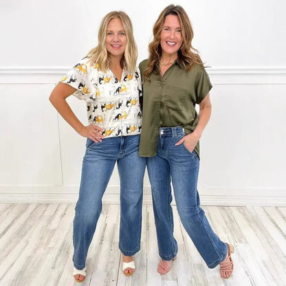 Tallis | Women's Double Button High Waisted Wide Leg Jeans