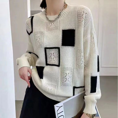 Lina | Women's Patchwork Pointelle Knit Crew Neck Sweater