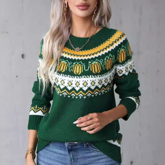 Iyonna | Women's Pumpkin Fair Isle Knit Round Neck Sweater