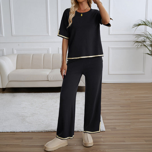 Mahalina | Women's Contrast Trim Top and Wide Leg Pants Set