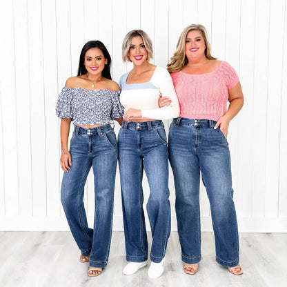 Tallis | Women's Double Button High Waisted Wide Leg Jeans