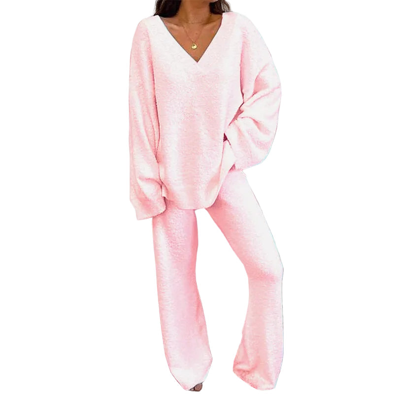 JACE™ - Women's 2-Piece Lounge Set with V-Neck Top & Wide Leg Pants