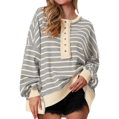 Polana | Women's Striped Oversized Henley Long Sleeve Sweatshirt