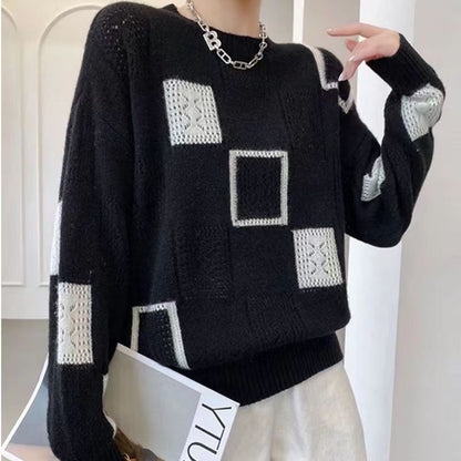Lina | Women's Patchwork Pointelle Knit Crew Neck Sweater