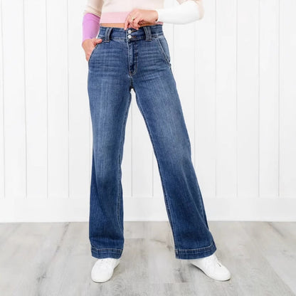 Tallis | Women's Double Button High Waisted Wide Leg Jeans