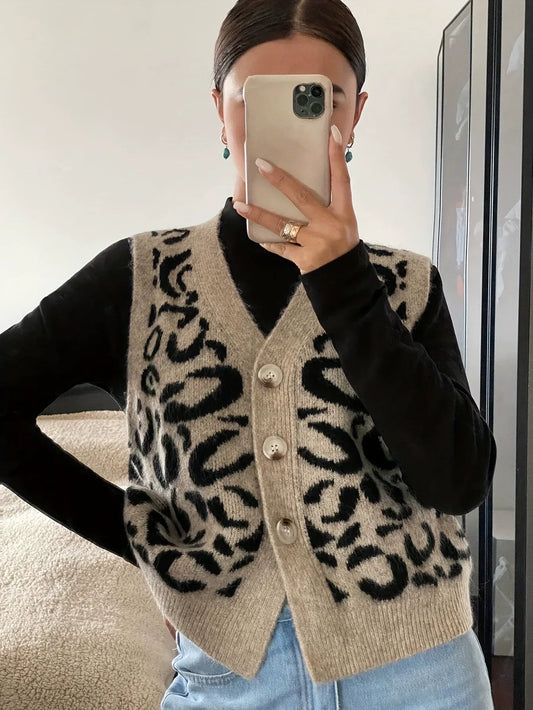 Jade | Women's Leopard Print Knit Button Sweater Vest