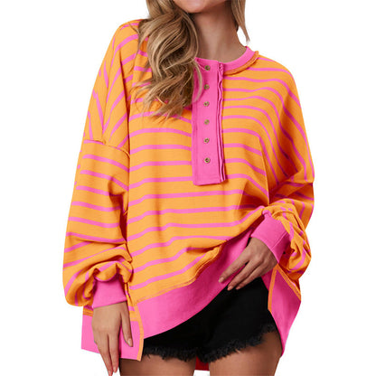 Polana | Women's Striped Oversized Henley Long Sleeve Sweatshirt