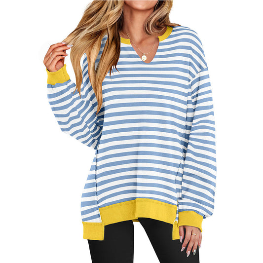 Fortunata | Women's Striped Notch Neck Oversized Long Sleeve Top
