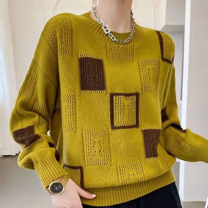 Lina | Women's Patchwork Pointelle Knit Crew Neck Sweater