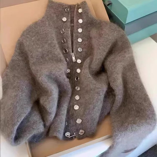 Milana | Women's Fuzzy Knit High Neck Cardigan with Button Front