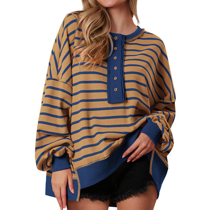 Polana | Women's Striped Oversized Henley Long Sleeve Sweatshirt