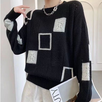Lina | Women's Patchwork Pointelle Knit Crew Neck Sweater