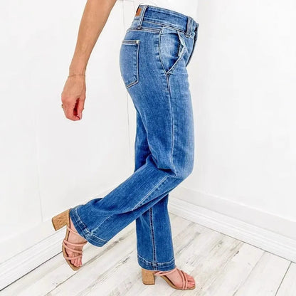 Tallis | Women's Double Button High Waisted Wide Leg Jeans