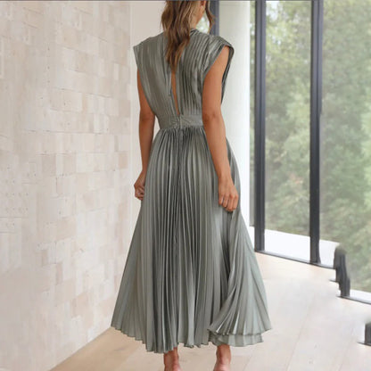 Alexis | Women's Pleated V Neck Maxi Dress with Cap Sleeves