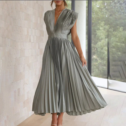 Alexis | Women's Pleated V Neck Maxi Dress with Cap Sleeves