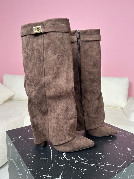 Kimmy | Women's Faux Suede Fold Over Knee High Boots with Turn Lock Buckle