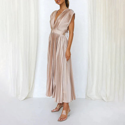 Alexis | Women's Pleated V Neck Maxi Dress with Cap Sleeves