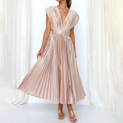Alexis | Women's Pleated V Neck Maxi Dress with Cap Sleeves