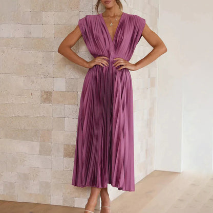 Alexis | Women's Pleated V Neck Maxi Dress with Cap Sleeves