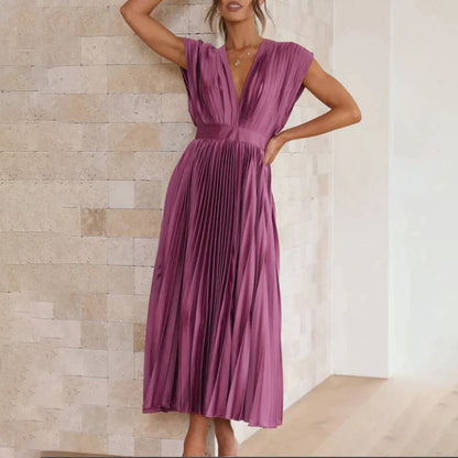 Alexis | Women's Pleated V Neck Maxi Dress with Cap Sleeves