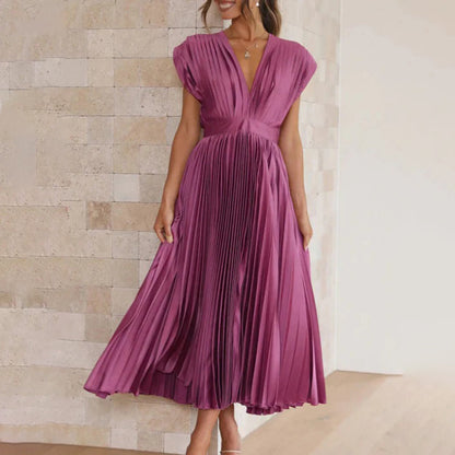 Alexis | Women's Pleated V Neck Maxi Dress with Cap Sleeves