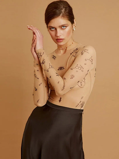 Janella | Women's Printed Mesh Crew Neck Long Sleeve Bodysuit