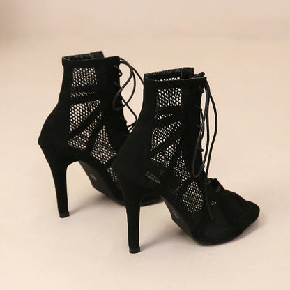 Gayle | Women's Mesh Lace Up Peep Toe Stiletto Heel Ankle Boots