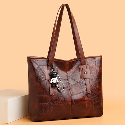 Susan | Women's Vintage Faux Leather Tote Bag with Bear Charm