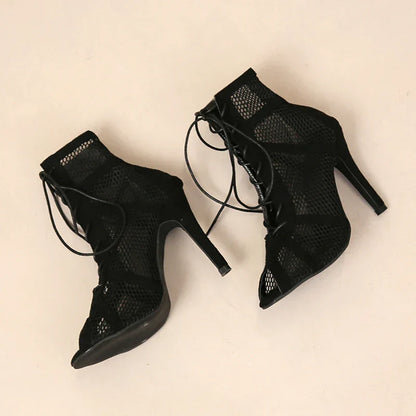 Gayle | Women's Mesh Lace Up Peep Toe Stiletto Heel Ankle Boots
