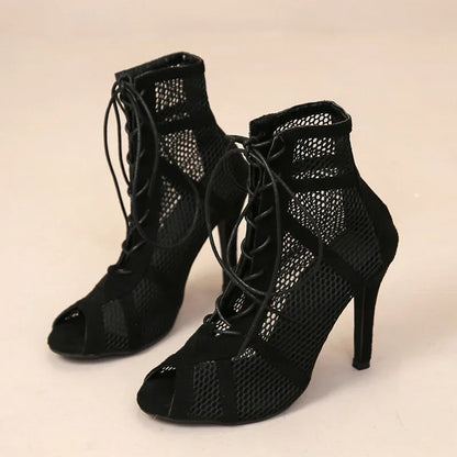 Gayle | Women's Mesh Lace Up Peep Toe Stiletto Heel Ankle Boots