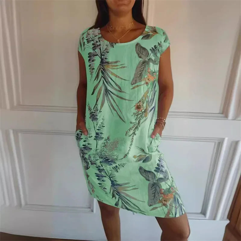 Elegant Botanical Print Side Double Pockets Dresses Women O Neck Short Sleeve Dress Summer Comfortable Cotton Linen Female Gown