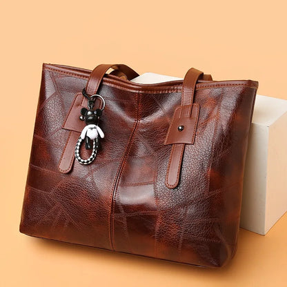 Susan | Women's Vintage Faux Leather Tote Bag with Bear Charm