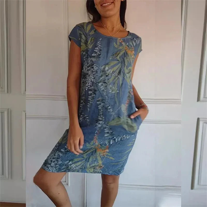 Elegant Botanical Print Side Double Pockets Dresses Women O Neck Short Sleeve Dress Summer Comfortable Cotton Linen Female Gown