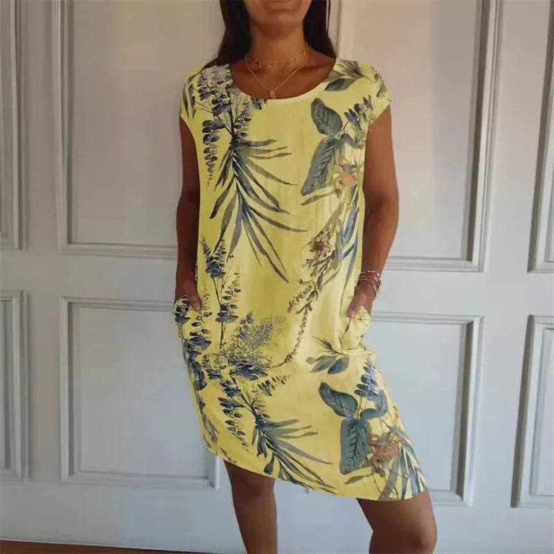 Elegant Botanical Print Side Double Pockets Dresses Women O Neck Short Sleeve Dress Summer Comfortable Cotton Linen Female Gown