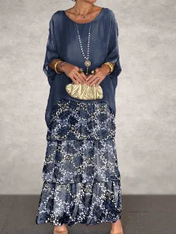 Spring Summer Print Patchwork Maxi Dress Outfits Fashion Bohemian Layered Cake Women  Chiffon O-neck Dolman Sleeve Long Dresses