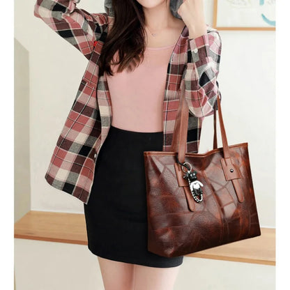 Susan | Women's Vintage Faux Leather Tote Bag with Bear Charm