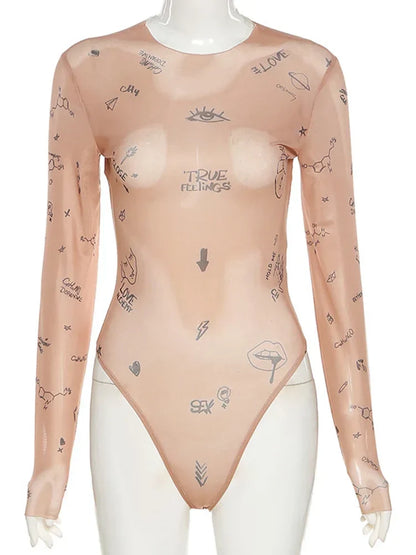 Janella | Women's Printed Mesh Crew Neck Long Sleeve Bodysuit
