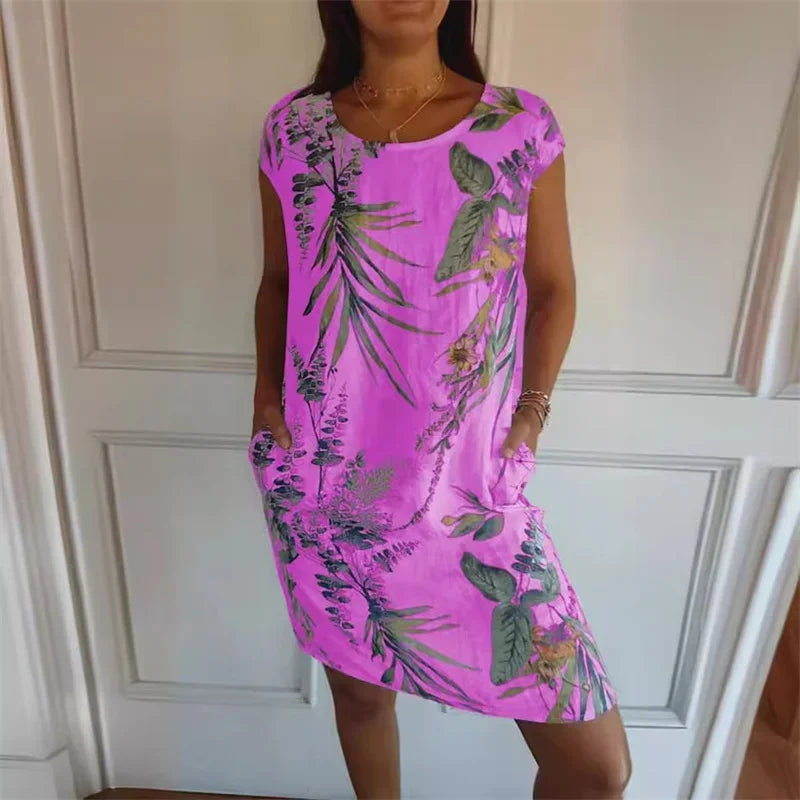 Elegant Botanical Print Side Double Pockets Dresses Women O Neck Short Sleeve Dress Summer Comfortable Cotton Linen Female Gown