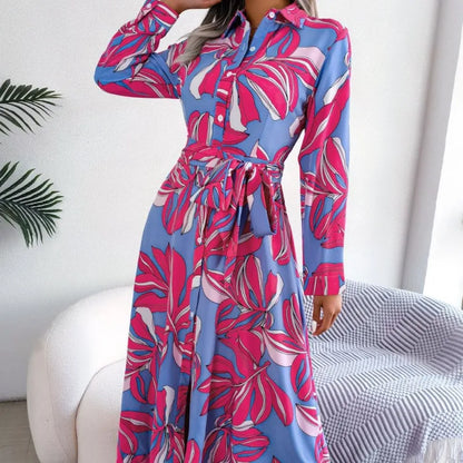 Lala | Women's Floral Print Belted Long Sleeve Maxi Shirt Dress