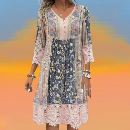 Naya | Women's Boho Floral Lace Trim Button V Neck Maxi Dress