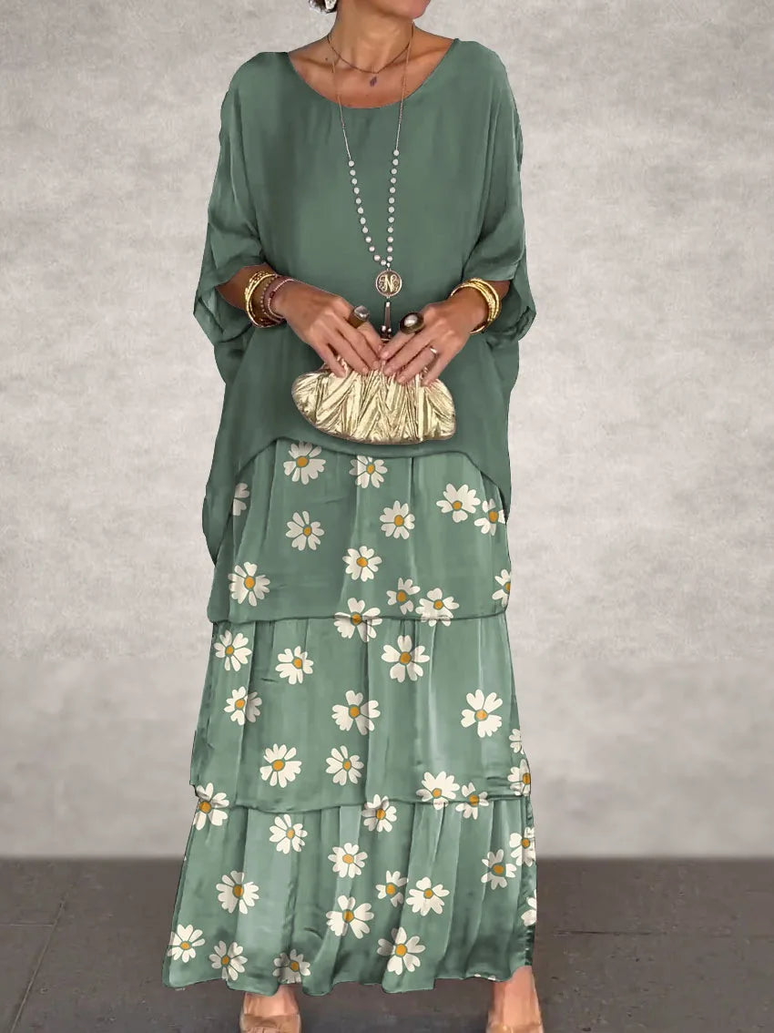 Spring Summer Print Patchwork Maxi Dress Outfits Fashion Bohemian Layered Cake Women  Chiffon O-neck Dolman Sleeve Long Dresses