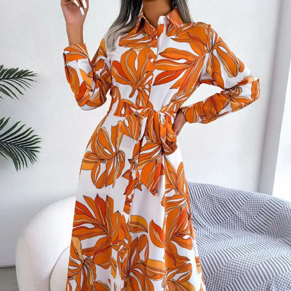 Lala | Women's Floral Print Belted Long Sleeve Maxi Shirt Dress