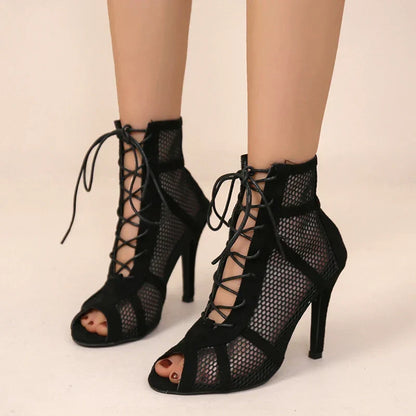 Gayle | Women's Mesh Lace Up Peep Toe Stiletto Heel Ankle Boots