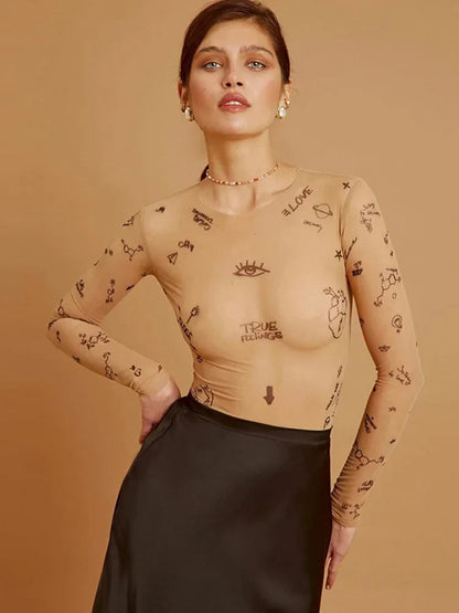 Janella | Women's Printed Mesh Crew Neck Long Sleeve Bodysuit
