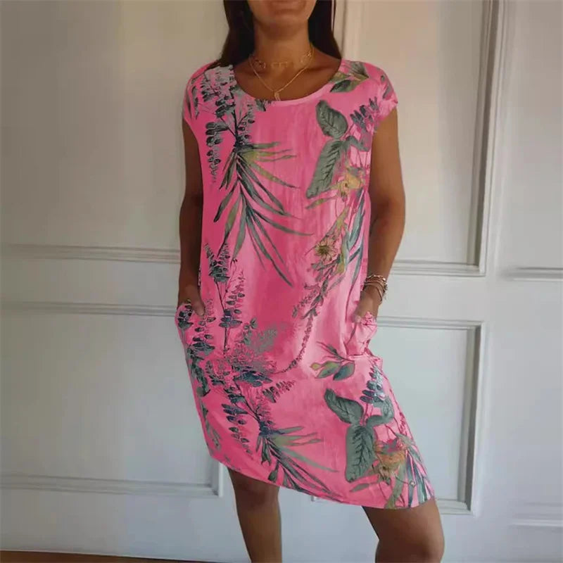 Elegant Botanical Print Side Double Pockets Dresses Women O Neck Short Sleeve Dress Summer Comfortable Cotton Linen Female Gown