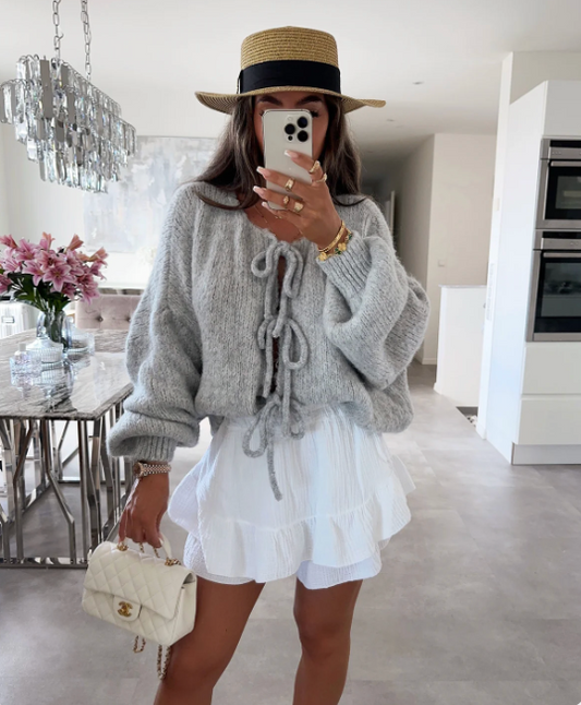 Eva | Women's Fluffy Knit Tie Front Cropped Bow Cardigan