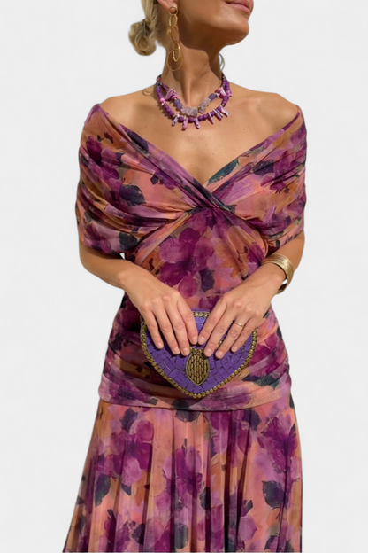 Alizée | Women's Floral Wrap V Neck Short Sleeve Maxi Dress