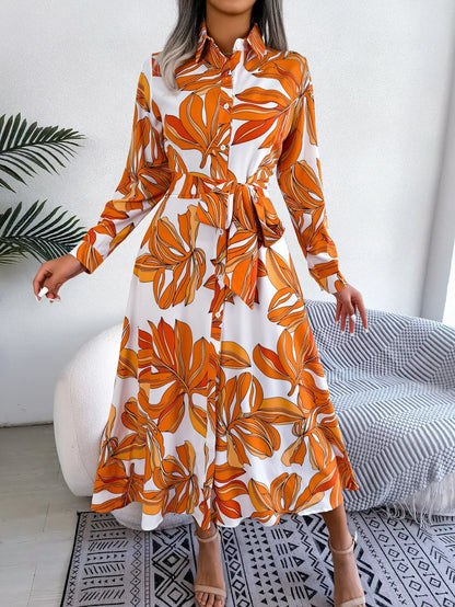 Lala | Women's Floral Print Belted Long Sleeve Maxi Shirt Dress